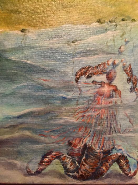 painting of a sea creature half-women half-jellyfish under water