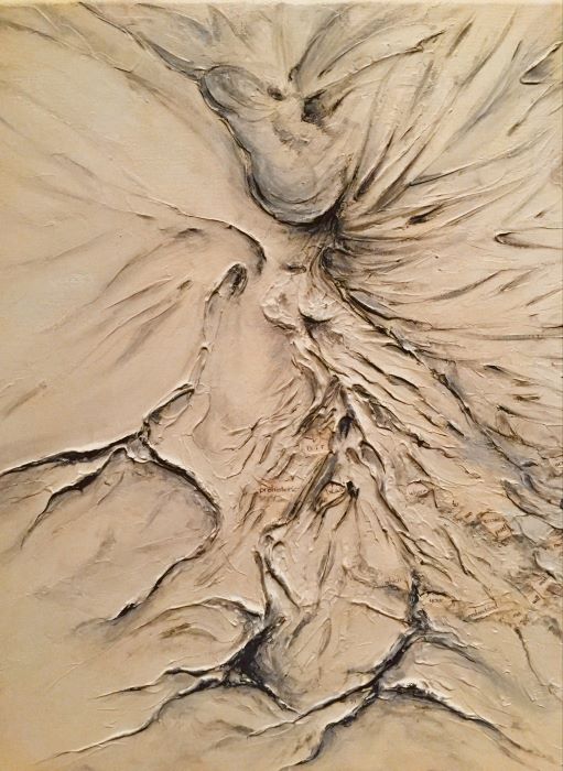 balck and white textured painting of lines from which apear bird's feet and splashes of wings or feathers