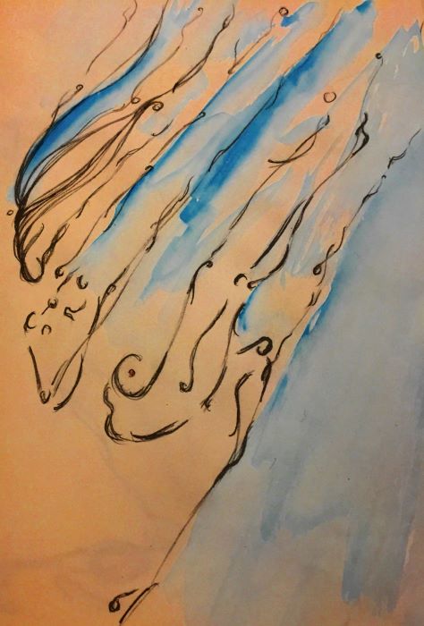 drawing of a drowning stick figure with blue