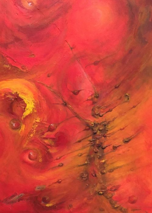 red and orange cosmic painting with walking figure