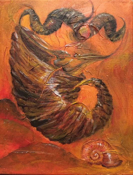 orange painting of a half-woman half-shell character