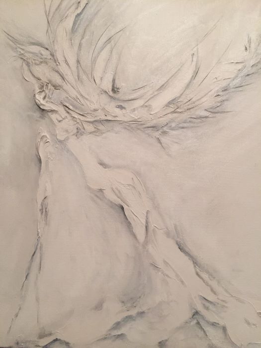 white on white textured painting of a leaning figure half-tree half-bird
