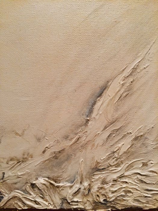 black and white textured painting revealing a fallen silhouette burning