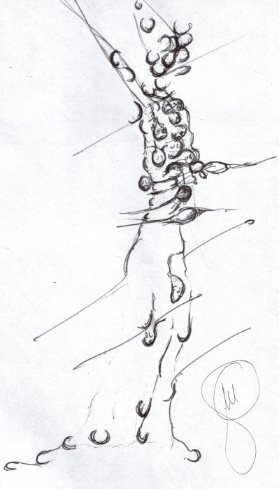 drawing of what it seems to be a walking figure radiating ball shape faces