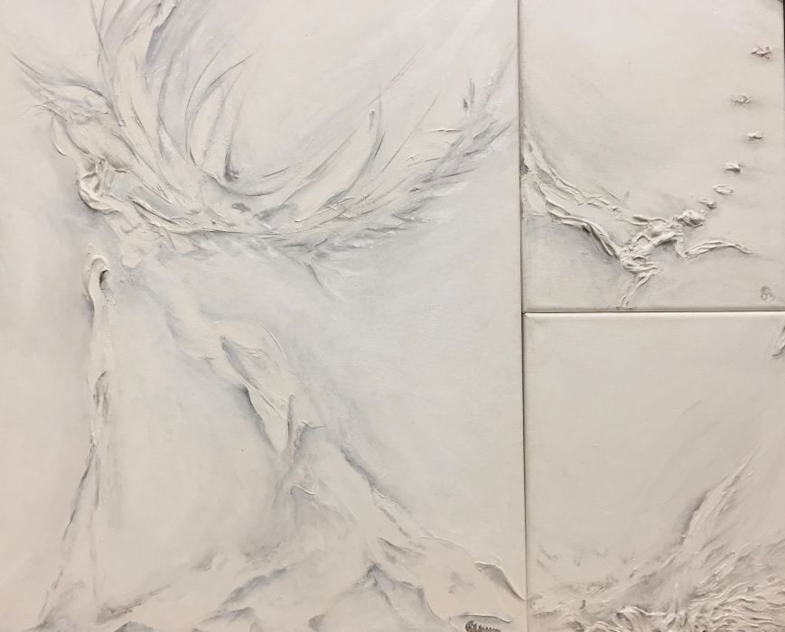 combination of three white on white textured paintings of falling silhouettes