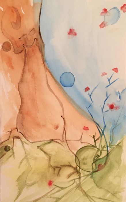 painting of what seems to be a tree by the sky slowly revealing a leaning silhouette