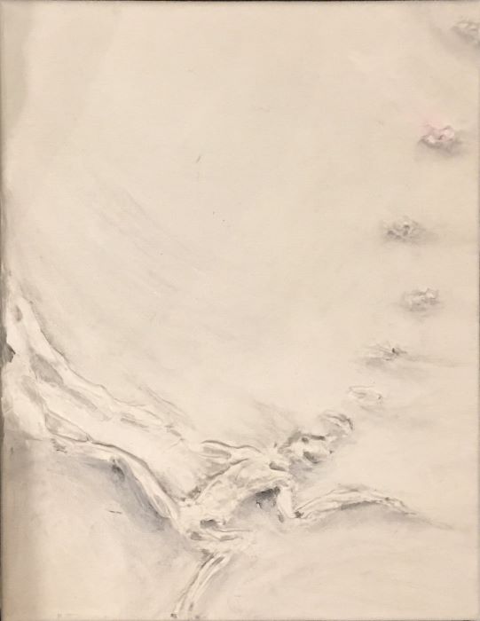 white on white textured painting revealing a fallen silhouette