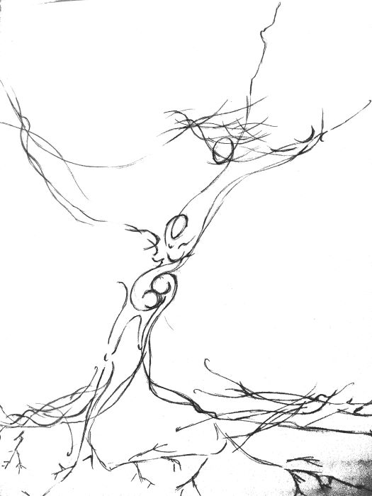 drawing of a female silhouette halfway transformed into a tree with a bird's nest at the top