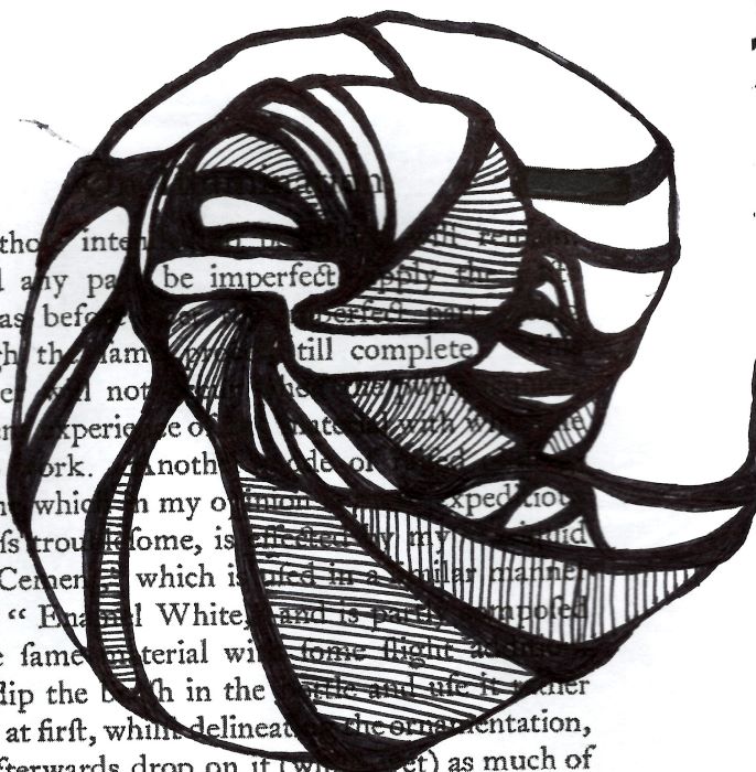 blackout poetry with doodles saying: Be imperfect till complete