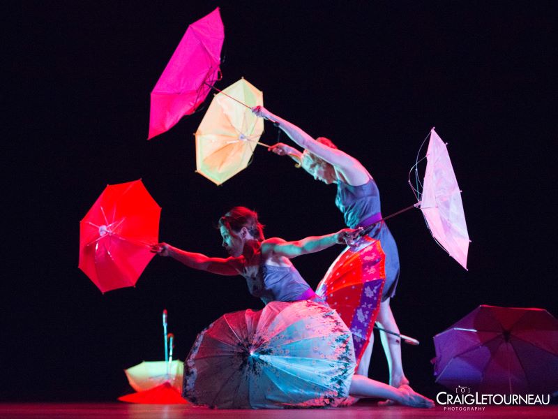 two female dancers moving with umbrellas as if they were giant flowers