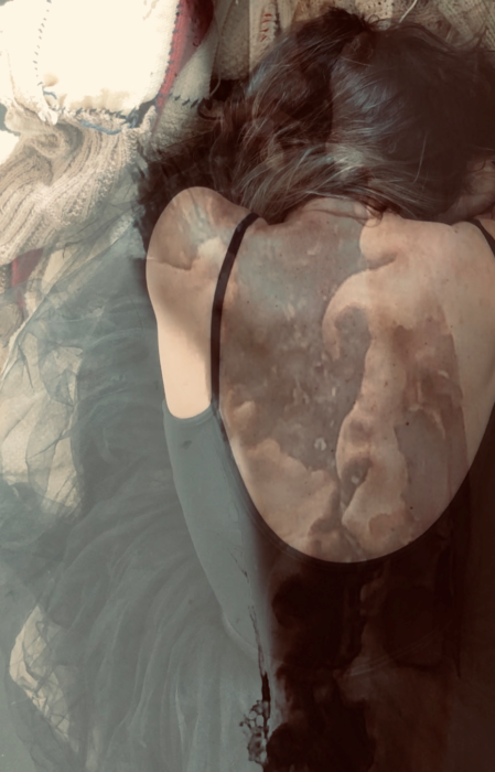 photo of a female back that apears to open because of the ovelay photo of an arbutus tree scar